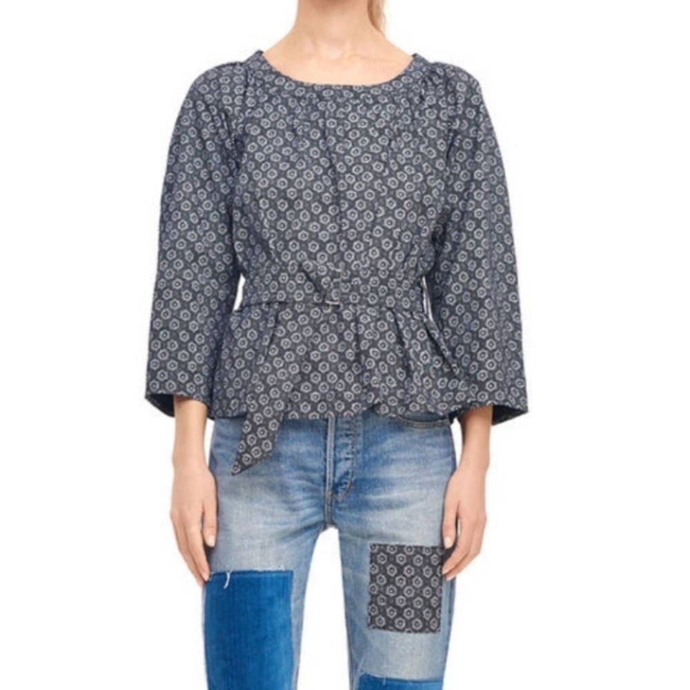 REBECCA TAYLOR La Vie Fleur Cotton Poplin Belted Blouse